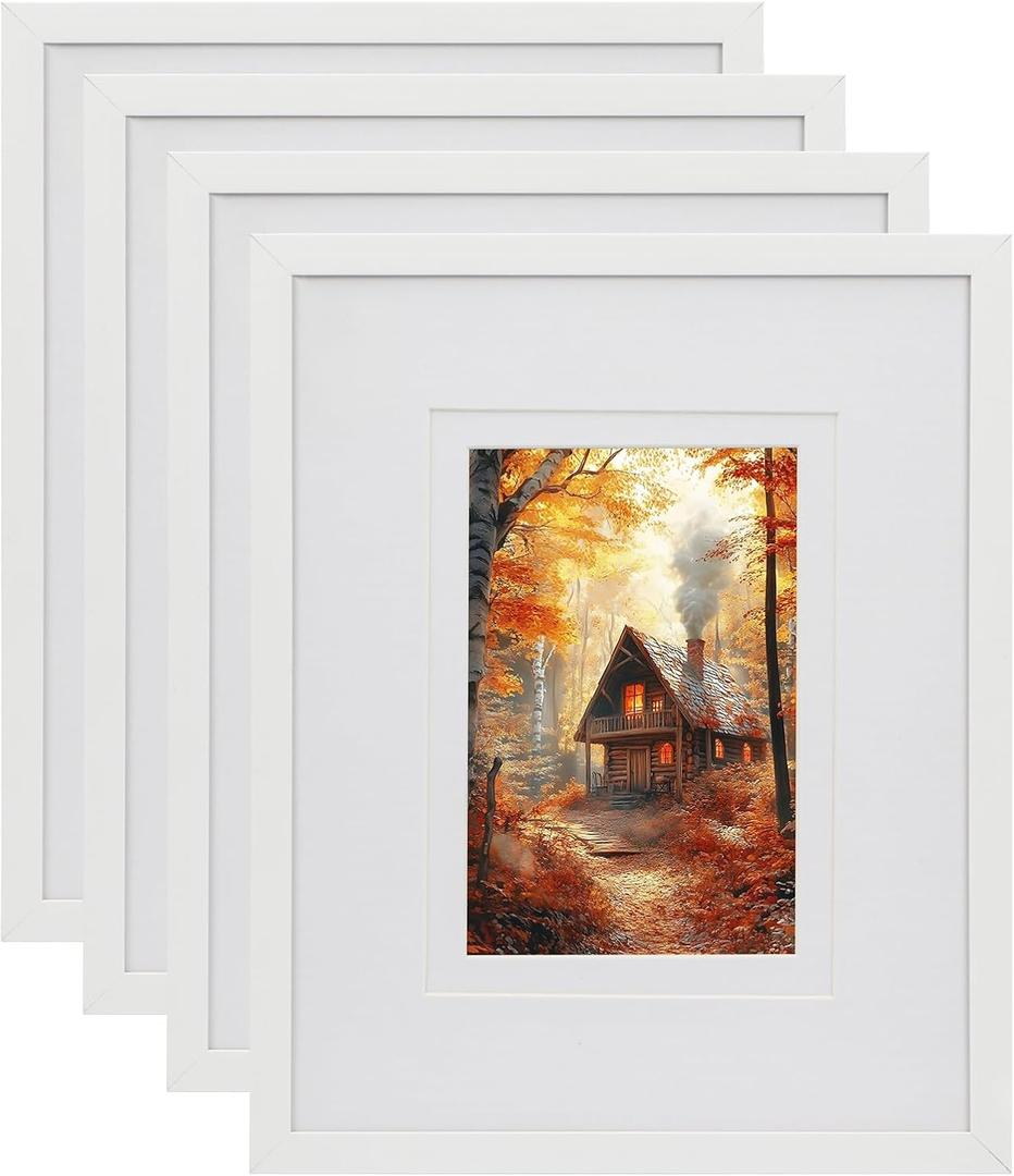 4 Pack White Picture Frame with Double White Mat, 8 by 10 Matted Frame for 4x6, Family Wedding Frame Set for Tabletop or Wall