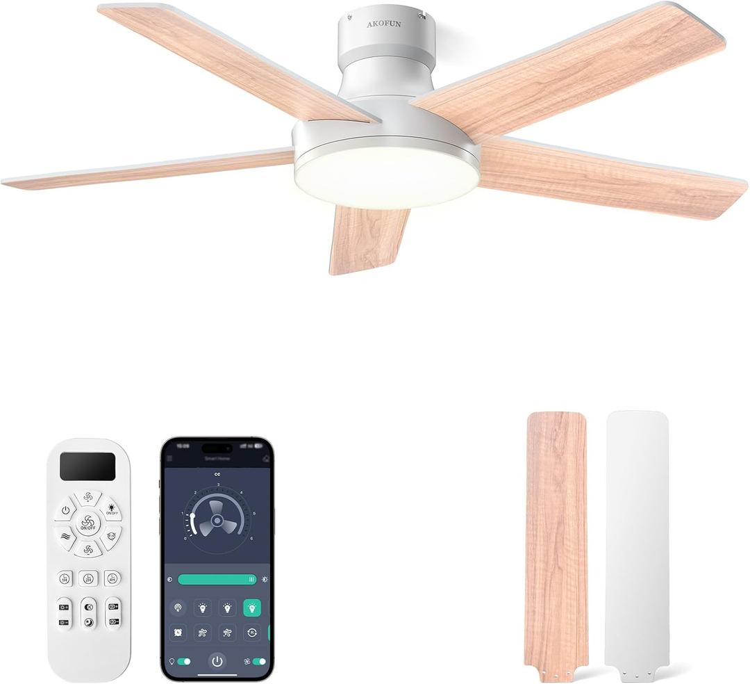 AKOFUN Ceiling Fans with Lights and Remote, Low Profile Ceiling Fan with Light, APP, 6 Speed, Dimmable, DC Motor, Quiet, Timer, Flush Mount Modern Ceiling Fan for Bedroom Living Room (44 inch, White)