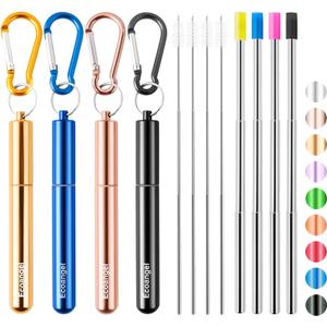 Cruise Ship Essentials,4-Pack reusable Collapsible Stainless Steel Drinking Straws with Aluminum Case,Cleaning Brush,and Keychains Black & rose gold & blue & gold