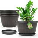 Quarut 10 inch Plastic Flower Pots for Outdoor Plants4 Pack Large Outdoor Planter Pot with Drainage Holes & SaucersImitation Wine Barrel Designfor Indoor Outdoor Garden PlantsBrown