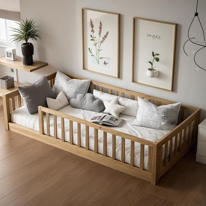 Twin Size Montessori Toddler Floor Bed with Wood Slats for Girls and Boys, Wood Montessori Bed Frame with Safety Guardrails, No Box Spring Needed, Natural