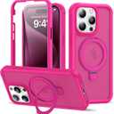 Compatible with iPhone 15 Pro Max Case with Magnetic Ring Stand [Compatible with Mag-Safe] [Built-in Screen Protector] Military-Grade Shockproof Translucent Matte Phone Case, Rose Red