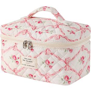 Large Quilted Makeup Bag for Women and Girls, Cute Coquette Floral Cotton Cosmetic Bag, Aesthetic Travel Organized Toiletry Bags (01 Pink Bows)
