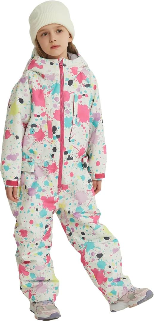 Kids Girls Boys One Piece Snowsuits Colorful Ski Suits Jumpsuits High Collar Hood Zipper Waterproof Jackets Winter (3T, White Paint)