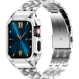HASLFM Stainless Steel Band with Case Compatible with Apple Watch Series 9 8 7(41mm), 6 5 4 SE3/2/1(40mm), Series 3 2 1(38mm), Metal Protective Bumper Cover for iWatch Bands Men,Silver