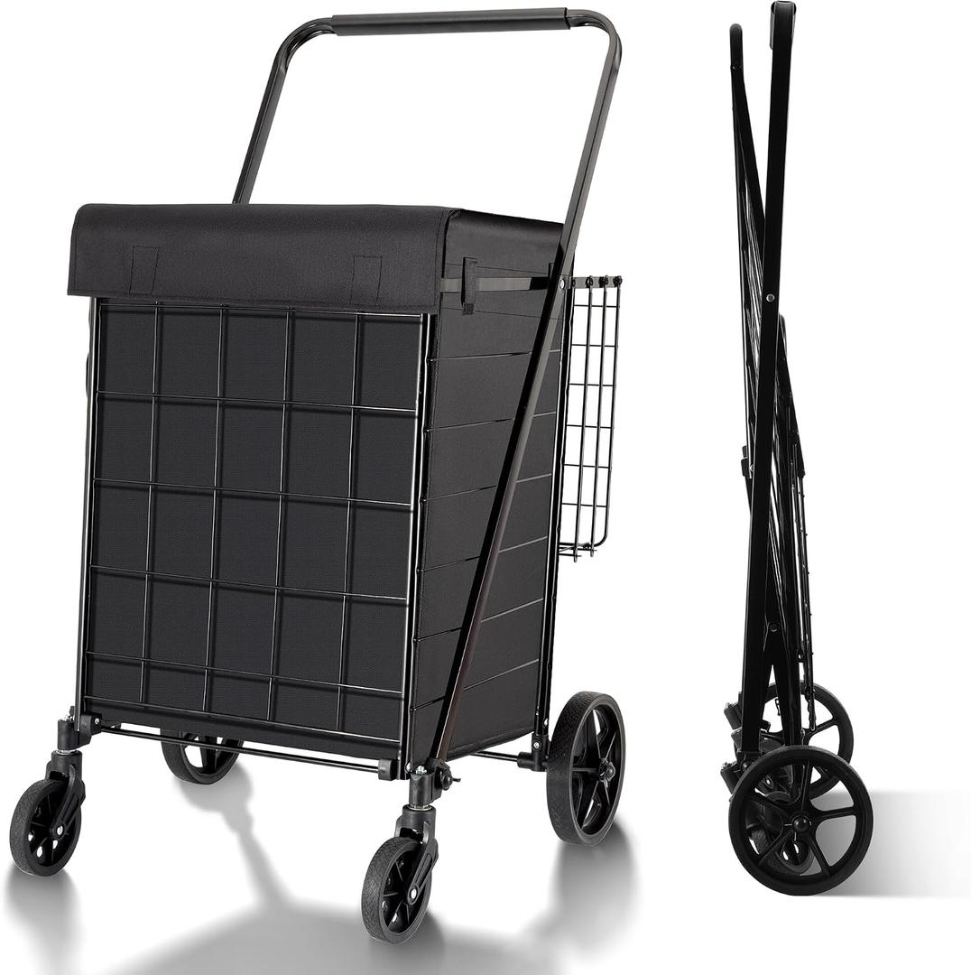 BIEAMA Folding Shopping Cart with Waterproof Liner, Grocery Cart Large Bag with Top Cover, 340 Lb Capacity, Utility Cart with 360 Rolling Swivel Wheels, Large & Extra Basket