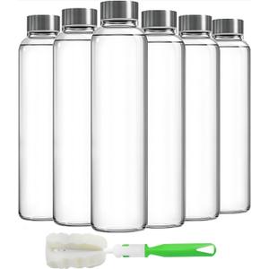Epica Clear Glass Bottles with Lids, 18oz Resuable Glass Water Bottles for Juicing with Stainless Steel Cap to store Milk, Smoothie, etc., 100% Leak Proof, Durable and Dishwasher Safe (Set of 6)