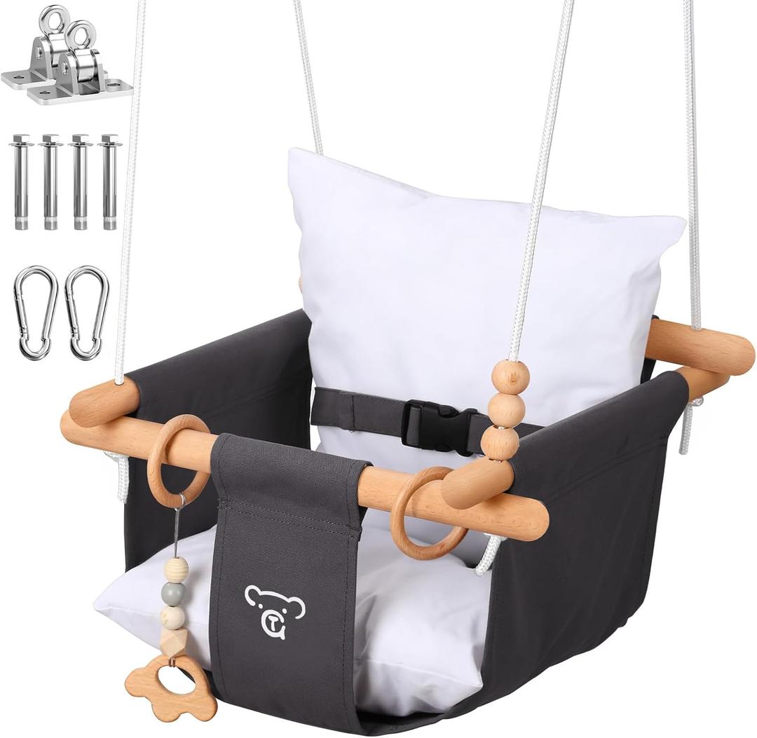 Talecogear Baby Swing  Outdoor & Indoor, Cozy Toddler Swing for Backyard, Hanging Swing Seat Chair, Cotton Canvas & Beech Wood Frame, Safety Harness, Mounting Hardware Included (Gray)