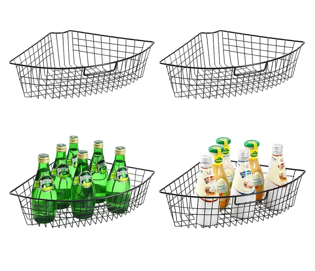 Leeden Lazy Susan Wire Storage Organizer Basket with Handle-Metal Cabinet Storage Bins -Kitchen Cabinet Organizer-1/4 Wedge Can Organizer Black (for 24" Lazy Susan, 4 Pack