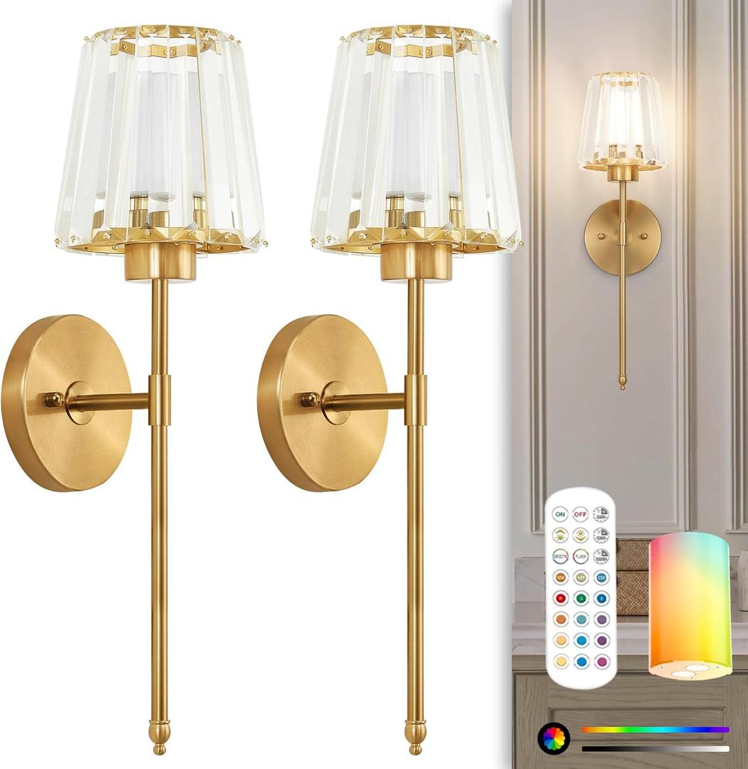 Gold Battery Operated Wall Sconces Set of 2 with Remote, Crystal Wireless Sconce with Rechargeable LED Magnetic Bulb, Dimmable 3CCT & 12 RGB Wall Lights for Bedroom, Living Room, Hallway, Staircase