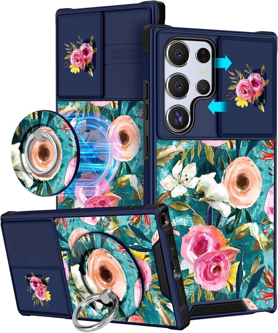 Buleens for Samsung Galaxy S22 Ultra Case 6.8 Inch - with Ring Stand & Camera Cover Aesthetic Cute Designed for Women Girls Girly Lake Blue Flowers for Samsung S22 Ultra Case Compatible with Magsafe