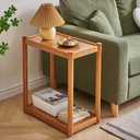 Side Table, Solid Wood Narrow End Table with Storage Shelf and Wheels, 2-Tier Sofa Table for Living Room, Rubber Wood Indoor Plant Stand, 26.8 H x 11.8 W x 19.7 D Inches (Natural)