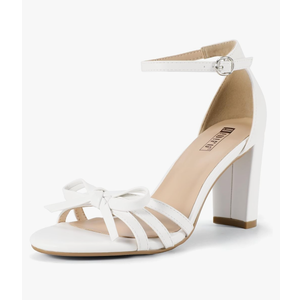 IDIFU Women's Bow Heels Chunky Block Open Toe Low Short Heels Wedding Bridal Prom Party Evening Homecoming Dress Shoes for Women Comfortable Ankle Strap Round Toe Heeled Sandals, Size 8