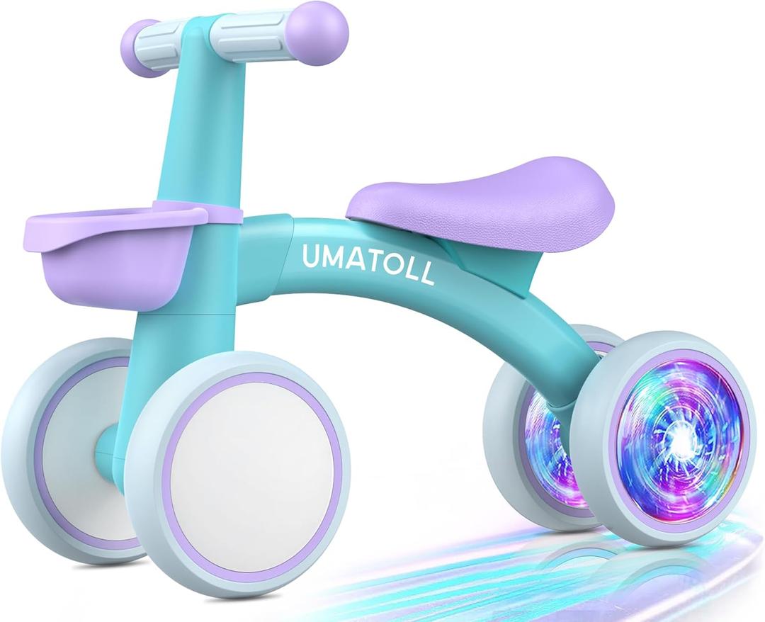 Umatoll Colorful Lighting Baby Balance Bike Toys for 1 Year Old Boys Gifts, Adjustable Seat Baby Walker, One Year Old Boy Birthday Gifts, 12-24 Months Toddler First Ride on Toys with Removable Basket