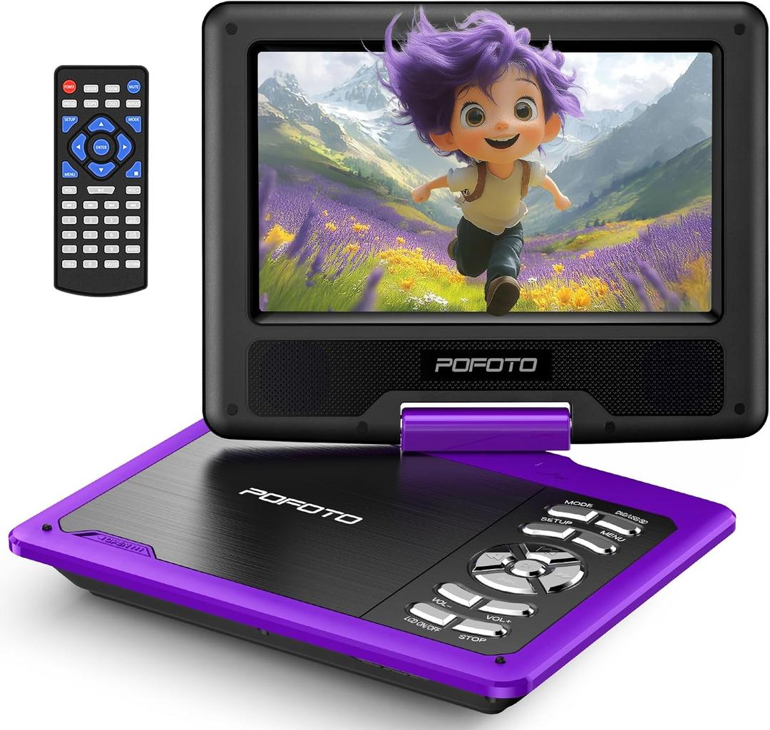 POFOTO 9.5" Portable DVD Player for Kids and Car with 7.5" Swivel Screen, 4-6 Hours Working Time, Car DVD Player with Dual Speakers, Remote Control, Support Sync TV, Region Free USB/SD/AV - Purple