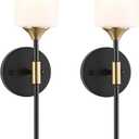 BYOLIIMA Industrial Mid Century Wall Sconce Set of 2 with White Cylinder Glass Shades Modern Bathroom Vanity Wall Lamp Black and Gold Finished Wall Light Fixture