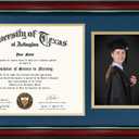 GraduationMall 11x22 Cherry Diploma Frame with Tassel Holder and Picture for 8.5x11 Certificate 5x7 Photo,Tempered Glass,Navy Blue over Gold Mat