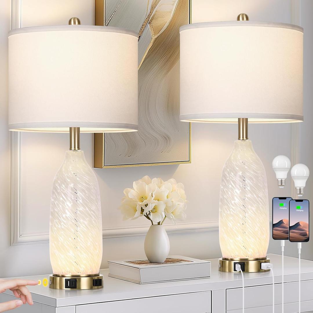 26" Modern Clear Glass Table Lamps Set of 2,Nightstand Lamp with USB A+C Ports & AC Outlet,Bedside Lamps with 3-Way Dimmable Touch Control Night Light for Bedroom Living Room(Bulbs Included) (White)