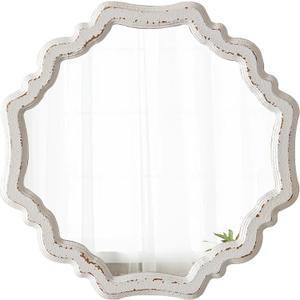 Rustic Scalloped White Round Mirrors for Wall Decor Living Room 15.7 Inch, Hanging Vintage Wooden Circle Vanity Mirror for Bathroom, Handmade Distressed Farmhouse Wavy Entryway Mirror