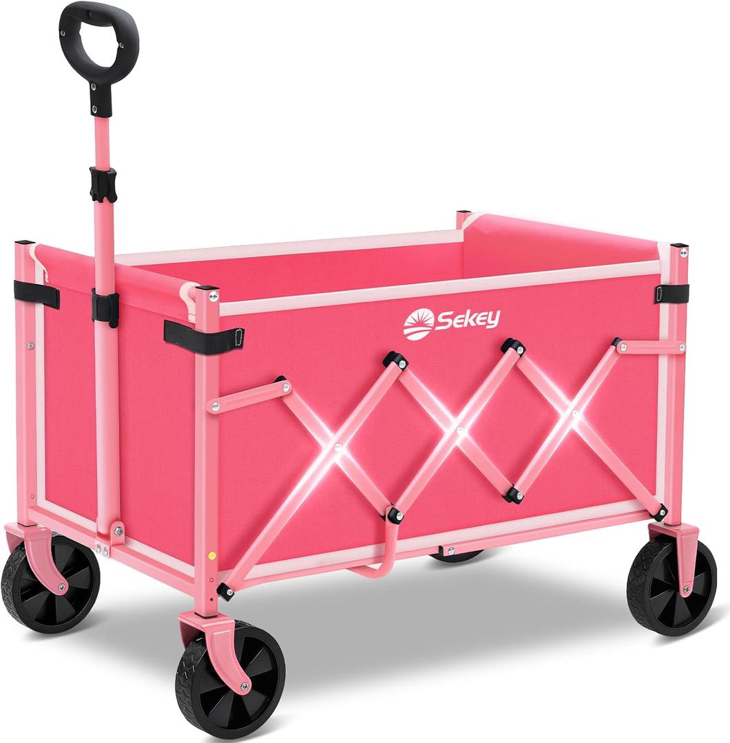 Sekey Wagon Cart with Wheels with 220LBS Capacity,Heavy Duty Wagon Carts Foldable,Lightweight Utility Portable Cart for Grocery, Shopping, Garden, Camping. Pink