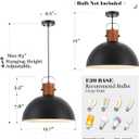 ELYONA 16 Inch Ash Wood Hammered Pendant Light Fixtures, Large Metal Dome Ceiling Hanging Lamp, Industrial Chandelier for Kitchen Island, Bar, Farmhouse, Dining Table, Hallway, Modern Black