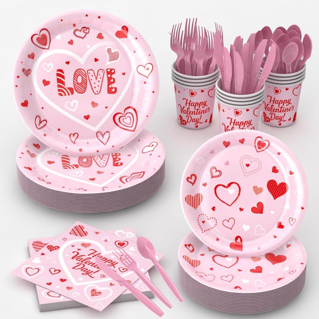 112 Pcs Valentine's Day Party Tableware, Hot Heart Love Disposable Paper Party Plates and Cups and Napkins Sets Serves 16 for Wedding, Gatherings, Engagements, Anniversary Party Supplies(Pink)