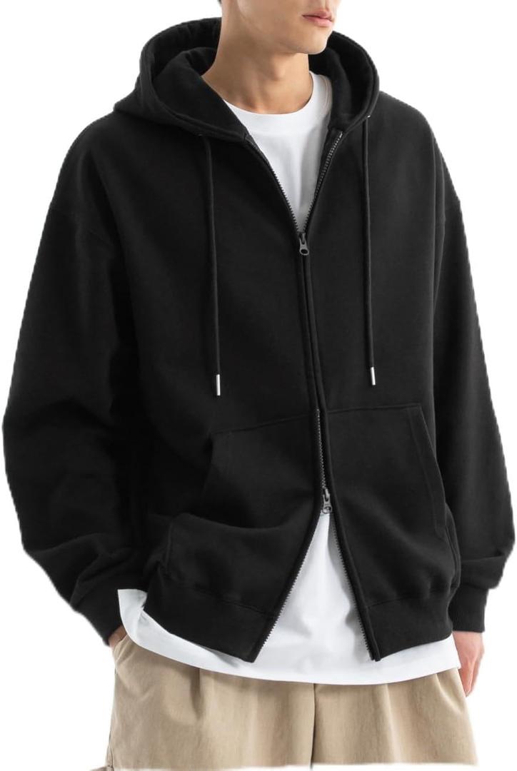 MAJECLO Men’s Lightweight Oversized Zip Up Hoodie 240GSM Drop Shoulder Two-Way Zipper Soft Fabric Sweatshirt Jacket (Small, Oversized_Black)