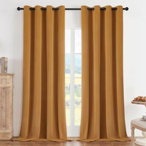 Joydeco Mustard Yellow Blackout Curtains 120 Inch Long, Luxury Thermal Yellow Velvet Curtains for Bedroom & Living Room, 100% Blackout Velvet Drapes 2 Panels, Grommet Top (52W x 120L)