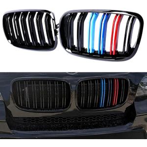 Grille M Color Double Slats Gloss Black Grill Compatible with 2007 2008 2009 2010 2011 2012 2013 E70 E71 X5 X6 ABS Front Kidney Grill, 2-pc Set