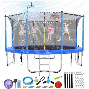 Lyromix 12FT Trampoline Outdoor, Light/Sprinkler/Basketball Hoop Large Recreational Trampoline for Kids and Adults, Heavy Duty Yard Trampolines with Enclosure Net, ASTM Approval