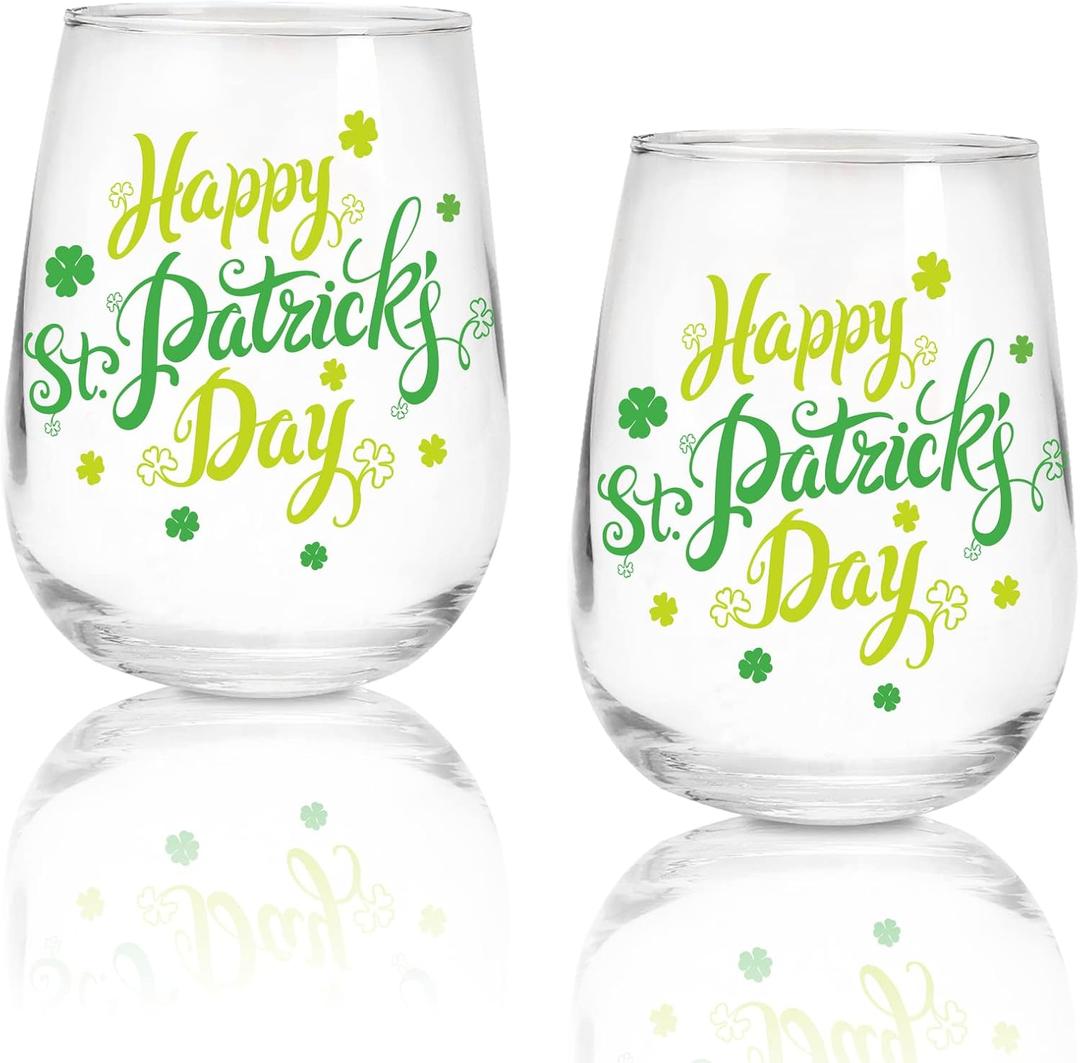 Whaline 2Pcs St Patrick's Day Stemless Wine Glasses 17oz Shamrock Drinking Glasses Happy St Patrick's Day Tumbler Cups Party Cups for St Patrick's Day Party Supplies Kitchen Decorations Gifts