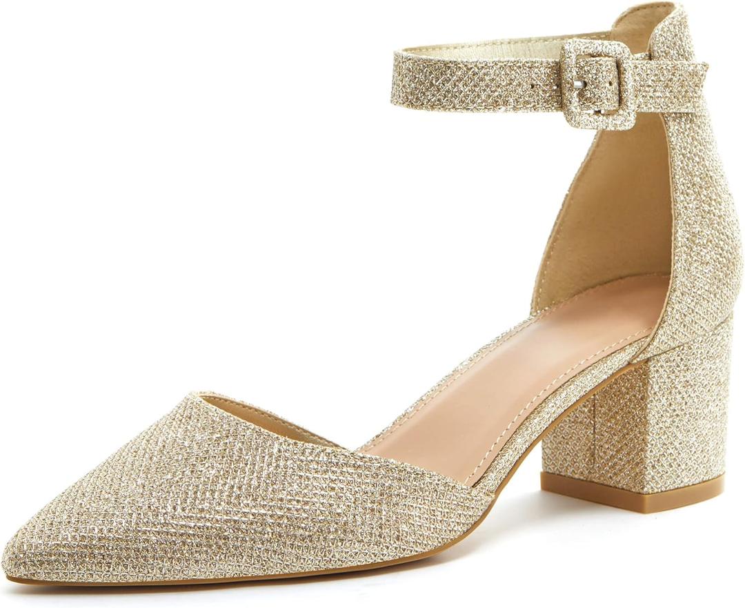 LAICIGO Women's Pointed Toe Pumps Ankle Strap Buckle Chunky Block Heel Dress D'Orsay Shoes (7)