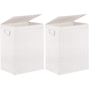 Foldable Laundry Hamper Basket with Lid by Fiona's magic, Handwoven 96L Large Clothes Hamper with Removable Liner Bags, Collapsible Tall Hamper for Bedroom, Bathroom and Dorm Organizer, 2Pack, White