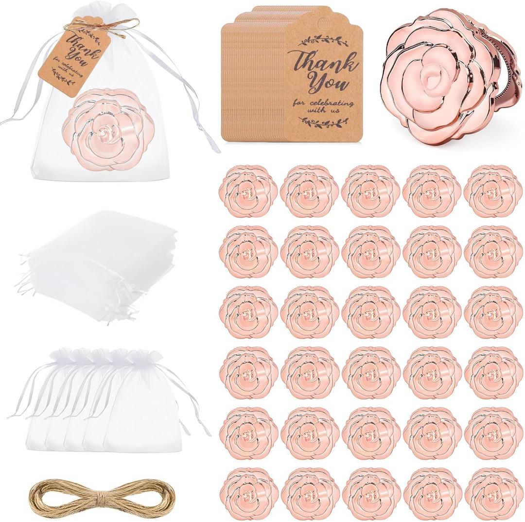 30 Set Rose Compact Mirror Bulk Wedding Favors, Bridal Shower Party Favors for Guests Roses Shape Portable Folding Mirrors with Thank You Tag and Organza Bag (Rose Gold)