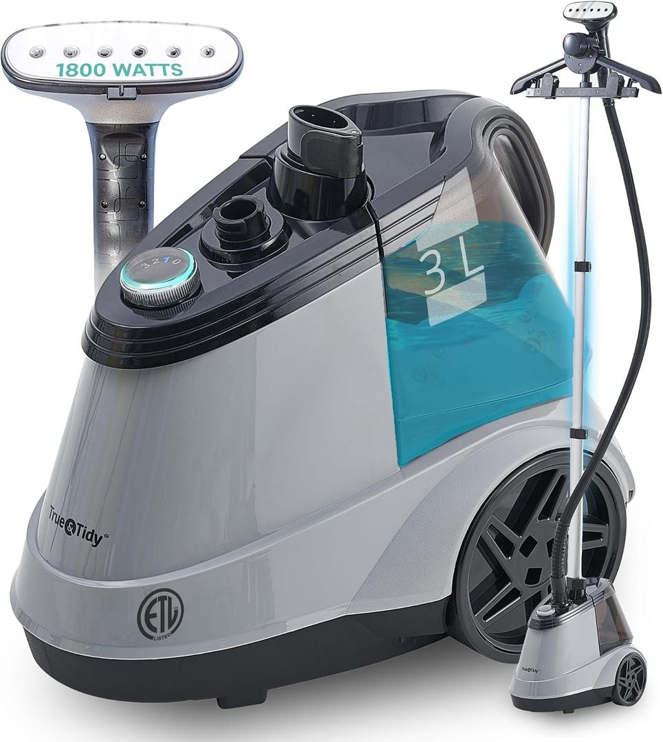 True & Tidy Heavy Duty Commercial Full Size Standing Garment Steamer for Clothes with Extra Large 3L (101 oz) Water Tank for 90+ mins of Steam Time, 1800 watts of Powerful Steam, 3 Settings, Gray