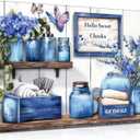Navy Blue Farmhouse Bathroom Canvas Wall Art Blue Flowers and Butterflies Painting Picture Wall Decor Poster Print Artwork for Toilet Washroom Restroom Home Decoration, 24"L x 16"W
