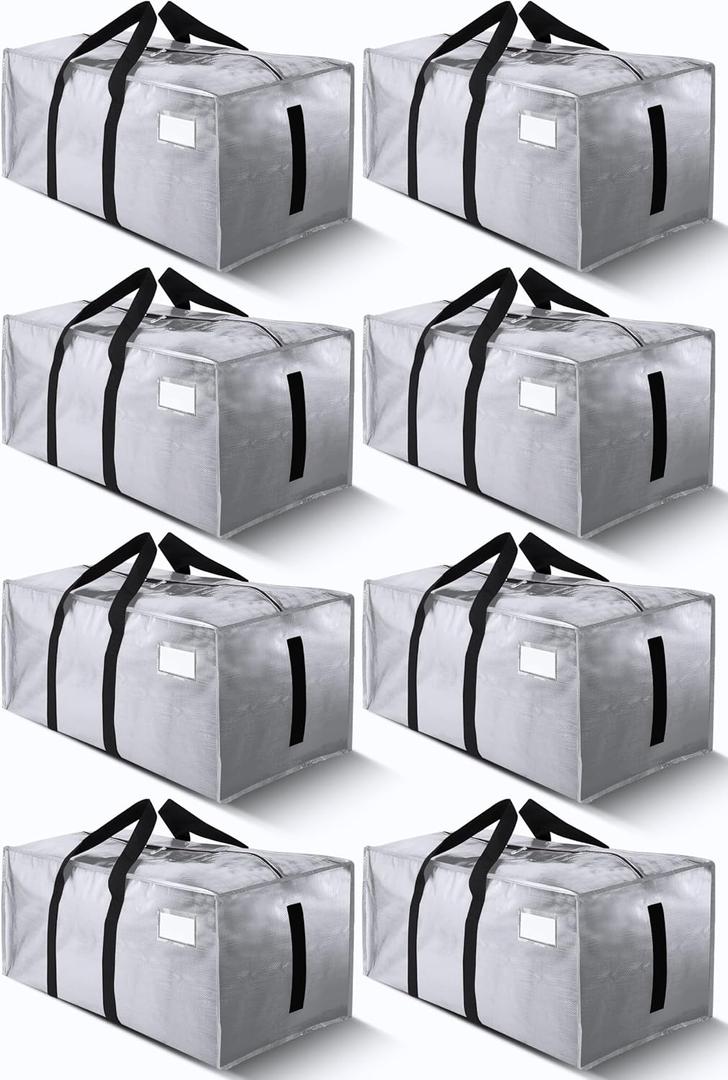 HOMESURE Supports 200lbs Heavy Duty Moving Bags - Strong Zipper & Wrap-Around Handles - Water-Resistant Storage Totes, Durable Alternative to Moving Boxes - 8 Pack - Silver
