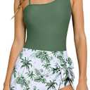 Funnycokid Girls One Piece Swimsuits Size 16 Bathing Suit Green Palm Tree Adjustable Straps Pad Teen Swimwear Skirt