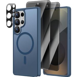 [4 in 1] Magnetic for Samsung Galaxy S25 Ultra Case, 2 Pics Privacy Screen Protectors and 1 Pic Camera Protector, Fit for MagSafe, Military Shockproof Translucent Matte S25 Ultra Cover, Dark Blue