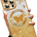 AIGOMARA Phone Case for iPhone 16 Pro [Compatible with MagSafe] Butterfly Design Glitter Bling Case Shockproof Scratch-Resistant Soft TPU Cover for Women - Gold