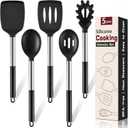 5Pcs Silicone Cooking Utensils Set, Heat Resistant Kitchen Tools Include Solid&Slotted Spatula, Cooking Spoon and Pasta Server, Silicone Kitchen Utensils set for Nonstick Cookware Flipping, Black