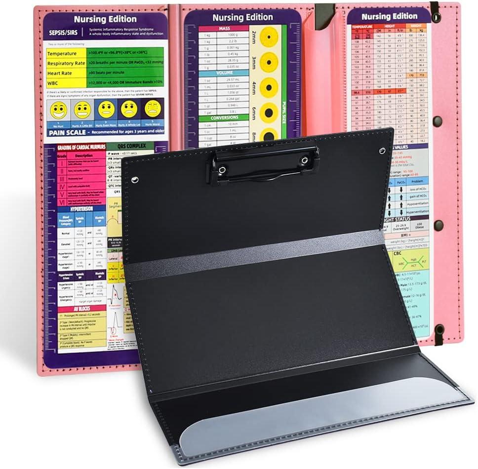 Vuzvuv Nursing Foldable Plastic Clipboard 3 Layers with Medical Edition Cheat Sheets, Pink Pocket Foldable Nurse Clip Boards Notepad for Students,Doctors and Medical Staff