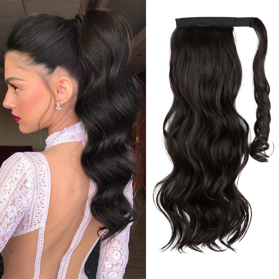 CJL HAIR 22" Long Ponytail Hair Extension Wrap Around Pony Tail Clip in Curly Wavy Synthetic Fake Hairpiece for Women Black Brown