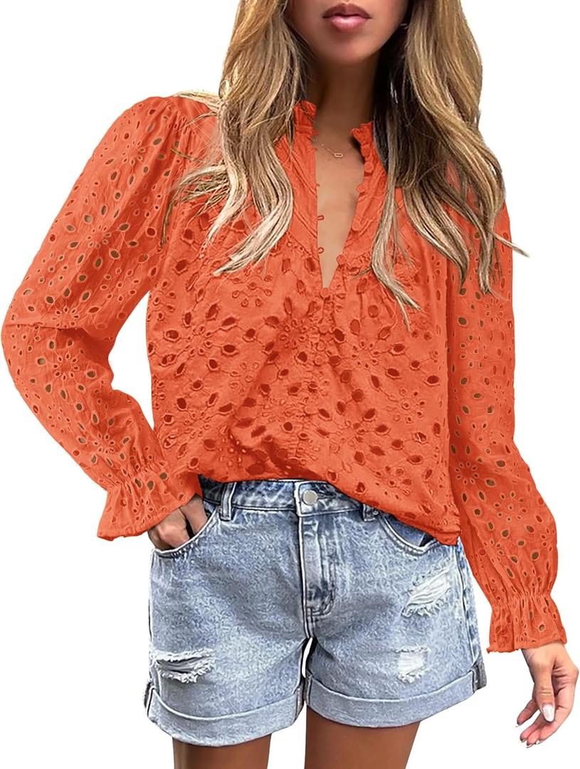 PRETTYGARDEN Women's Dressy Casual Blouse Tops Fall Spring Puff Long Sleeve Button V Neck Hollow Out Lace Embroidered Shirts (Orange, Small)