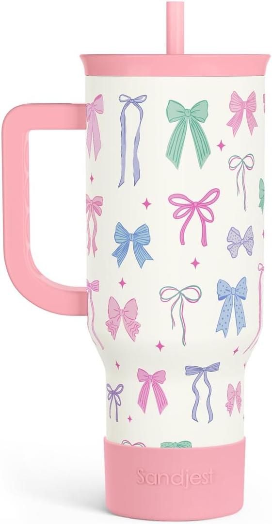 SANDJEST Bow 40oz Tumbler With Handle and Straw, Insulated Stainless Steel Travel Coffee Mug for Women Girls Bow Lovers, Gift Idea for Birthday Christmas Mothers Day