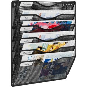 BOHDK Wall File Organizer, 6 Tier Hanging File Folder Mail Organizer, Vertical Mesh Metal Wall Mount Hanging File Holder, Paper Document Magazine Rack for Home Office Black