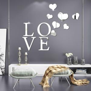 Love Sign Letters Mirror Wall Sticker, Self-Adhesive Love Heart Acrylic Mirror Wall Sticker Wall Art Decor DIY Home Decoration Heart Mirror Wall Decal Art Mural for Living Room Bedroom Office (Silver)