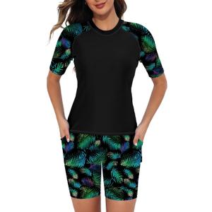 Tournesol Women's Two Piece Rash Guard Short Sleeve Swim Shirts UPF 50+ Built in Bra Swimsuit with Boyshorts with Pockets (X-Large, Green Plant)