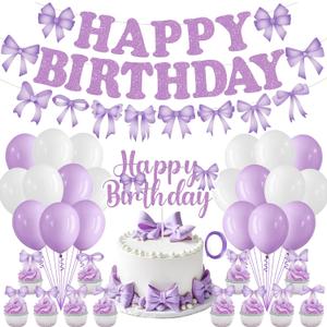 Purple Bow Birthday Party Decorations Bow Happy Birthday Banner Purple White Balloons Bow Cake and Cupcake Toppers for Girls Women Coquette Birthday Baby Shower Party Supplies