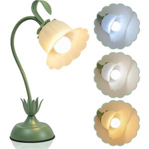 Tulip Flower Table Lamp, 3 Color Temperature Flexible Gooseneck Cute Small Desk Lamp for Bedroom, Vintage Nightstand Bedside Lamps for Living Room, Dorm, Office, Home Decor (Tulip Green)